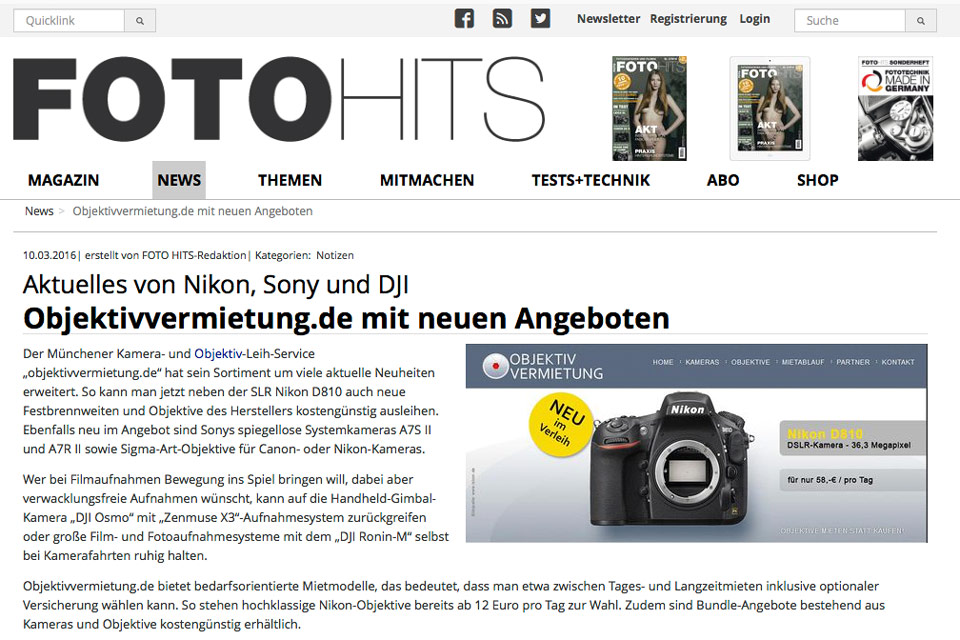 Objektiv Vermietung Bericht auf Fotohits.de